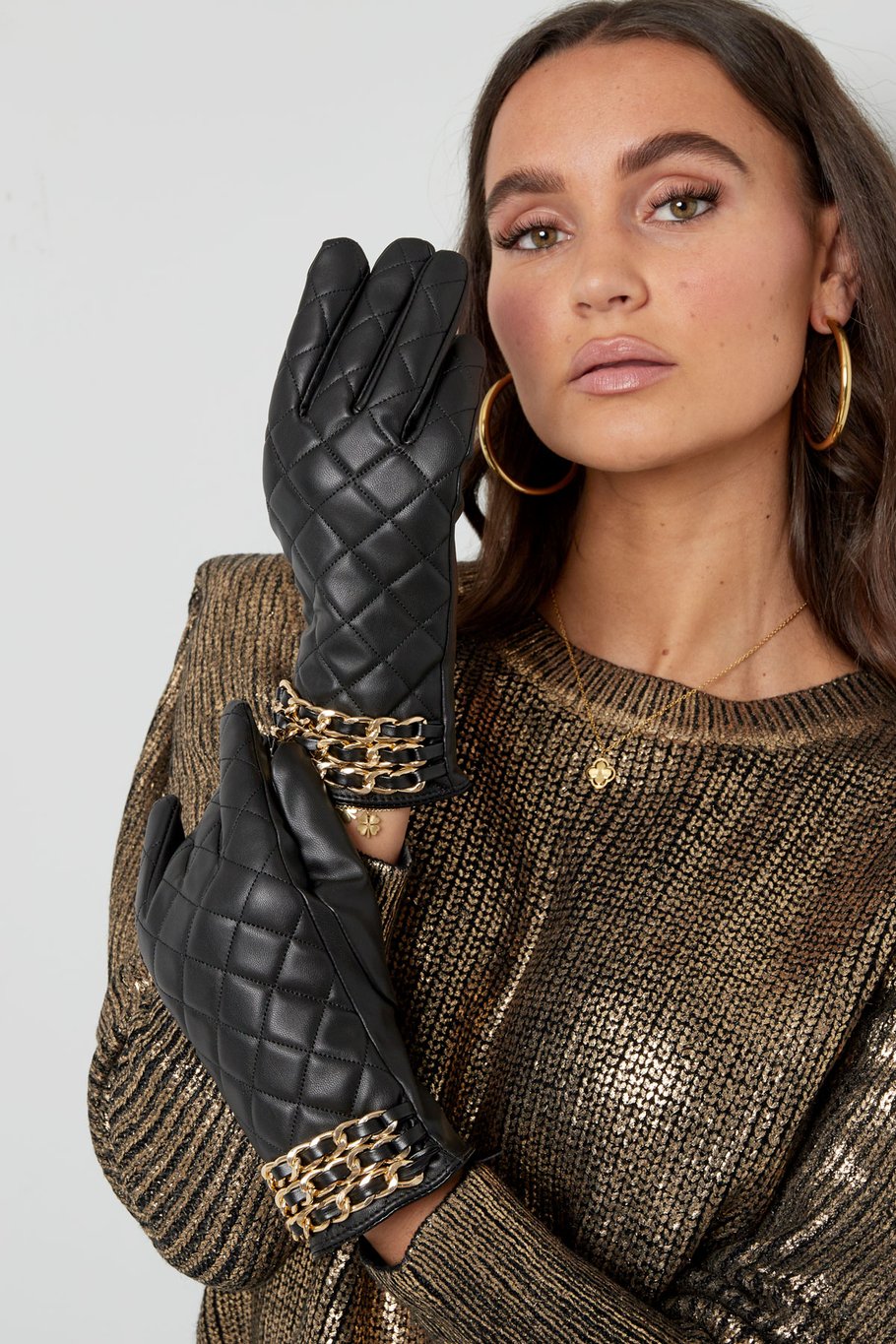Handschuhe kariert mit Kette - braun h5Bild4